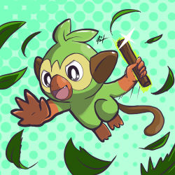 Rule 34 | absurdres, commentary, creature, creatures (company), english commentary, falling leaves, fang, game freak, gen 8 pokemon, green background, grookey, harlequinwaffles, highres, holding, holding stick, jumping, leaf, nintendo, no humans, open mouth, pokemon, pokemon (creature), polka dot, polka dot background, signature, solo, sparkle, stick