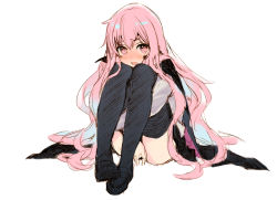 Rule 34 | black cloak, black thighhighs, blush, cloak, hatching (texture), hugging own legs, knees to chest, linear hatching, long hair, looking at viewer, louise francoise le blanc de la valliere, nervous, pink eyes, pink hair, simple background, sitting, sketch, tatami to hinoki, thighhighs, very long hair, white background, zero no tsukaima
