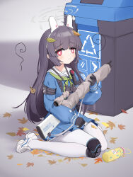 Rule 34 | 1girl, absurdres, animal ears, arrow (symbol), binoculars, black gloves, black hair, blue archive, blue serafuku, blue skirt, blunt bangs, bright pupils, closed mouth, commentary request, fake animal ears, fengqun, gloves, green neckerchief, grey halo, gun, halo, highres, holding, holding gun, holding weapon, knee pads, leaf, leaf on head, long hair, long sleeves, looking at viewer, miyu (blue archive), neckerchief, pantyhose, rabbit ears, recycle bin, recycling symbol, red eyes, sailor collar, school uniform, serafuku, shoes, single knee pad, sitting, skirt, sneakers, solo, tearing up, trash can, wariza, weapon, white footwear, white pantyhose, white pupils, white sailor collar