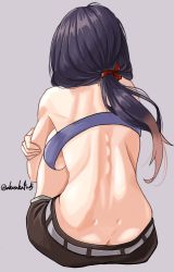 Rule 34 | 1girl, absurdres, akasaka4005, ariake (kancolle), back, bikini, breasts, brown shorts, dimples of venus, from behind, gradient hair, grey background, highres, hugging own legs, kantai collection, long hair, low ponytail, medium breasts, multicolored hair, purple hair, shorts, sideboob, simple background, sitting, solo, swimsuit, twitter username