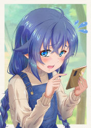 Rule 34 | 1girl, beige sweater, blue eyes, blue hair, blue overalls, blue pants, blush, braid, canvas (medium), cellphone, crossed bangs, embarrassed, flying sweatdrops, highres, holding, holding phone, honba misaki, long hair, looking at viewer, mushoku tensei, nail polish, open mouth, outdoors, overalls, pants, phone, pink nails, roxy migurdia, smartphone, solo, sweatdrop, sweater, tearing up, turtleneck, turtleneck sweater, twin braids, upper body