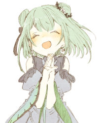 Rule 34 | 1girl, ^ ^, abara heiki, animal print, blue dress, blush, butterfly print, closed eyes, commentary, detached sleeves, double bun, dress, green hair, hair bun, hair ornament, hair ribbon, hololive, looking at viewer, medium hair, open mouth, own hands clasped, own hands together, ribbon, simple background, skull hair ornament, smile, solo, upper body, uruha rushia, uruha rushia (1st costume), virtual youtuber, white background