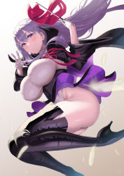 Rule 34 | 1girl, bb (fate), bb (fate/extra), black coat, black footwear, black skirt, blush, boots, breasts, coat, fate/extra, fate/extra ccc, fate (series), feathers, gloves, hair ribbon, high-waist skirt, high heel boots, high heels, highleg, highleg leotard, highres, large breasts, legs, leotard, long hair, long sleeves, looking at viewer, neck ribbon, open clothes, open coat, popped collar, purple eyes, purple hair, red ribbon, ribbon, skirt, smile, solo, thigh boots, thighhighs, uo denim, very long hair, w, wand, white gloves, white leotard, wide sleeves