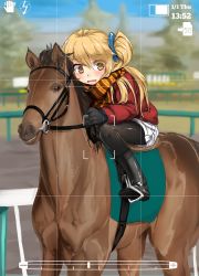 Rule 34 | 1girl, akita neru, black gloves, black pantyhose, blonde hair, boots, eyebrows, gloves, hair ornament, horse, horseback riding, jacket, long hair, magu (mugsfc), open mouth, pantyhose, riding, scarf, shorts, side ponytail, solo, striped clothes, striped scarf, viewfinder, vocaloid, wavy mouth, yellow eyes