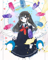Rule 34 | 1girl, angel wings, bird, black eyes, black hair, blue gemstone, blush, bright pupils, closed mouth, colored skin, dot nose, dress, expressionless, floating, gem, halo, highres, kimura ansai, long hair, looking at viewer, neckerchief, original, penguin, purple gemstone, red gemstone, red neckerchief, sailor collar, sailor dress, sidelocks, solo, sparkle, white pupils, white sailor collar, white skin, wings