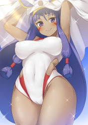 Rule 34 | 1girl, blush, breasts, closed mouth, competition swimsuit, covered erect nipples, covered navel, dark-skinned female, dark skin, facial mark, fate/grand order, fate (series), highres, long hair, looking at viewer, medium breasts, nitocris (fate), nitocris (fate/grand order), nitocris (swimsuit assassin) (fate), nitocris (swimsuit assassin) (second ascension) (fate), one-piece swimsuit, purple eyes, purple hair, smile, solo, sparkle, standing, super nagoyaka, swimsuit, very long hair