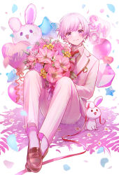 Rule 34 | 1boy, bad id, bad pixiv id, balloon, bouquet, brown footwear, character request, collared shirt, flower, highres, ireisu, jacket, knees up, loafers, looking at viewer, male focus, necktie, pants, petals, pi pa, pink eyes, pink hair, rabbit, red necktie, red ribbon, ribbon, shirt, shoes, short hair, sitting, solo, white pants, white shirt