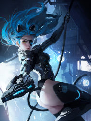 Rule 34 | 1girl, ass, blue hair, bodysuit, cowboy shot, dongho kang, eyepatch, from behind, highres, looking at viewer, original, pointing, realistic, solo, tail, twisted torso, yellow eyes