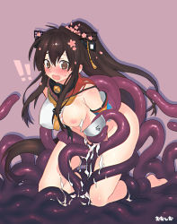 Rule 34 | !, !!, 1girl, blush, breasts, brown eyes, brown hair, cherry blossoms, commission, cum, cum in pussy, flower, hair flower, hair ornament, kantai collection, kneeling, large breasts, long hair, nipples, one breast out, ooshio7734, open mouth, cum overflow, ponytail, rape, restrained, sidelocks, simple background, skeb commission, solo, tearing up, tears, tentacle sex, tentacles, torn clothes, yamato (kancolle)