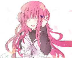 Rule 34 | 1girl, beniyuri (kokuchou no psychedelica), black shirt, blush, closed eyes, facing viewer, houkiri nemu, kokuchou no psychedelica, long hair, long sleeves, lowres, open mouth, red hair, sailor collar, shirt, sketch, smile, solo, vest, white background, white sailor collar, white vest