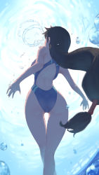 Rule 34 | 1girl, air bubble, ass, black hair, blue one-piece swimsuit, bubble, cameltoe, competition swimsuit, final fantasy, final fantasy vii, freediving, from behind, full body, highres, long hair, low-tied long hair, one-piece swimsuit, rou (rou22), solo, swimsuit, thigh gap, tifa lockhart, underwater