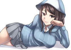 Rule 34 | 1girl, arm behind back, blue hat, blue shirt, breasts, brown eyes, brown hair, closed mouth, commentary, dress shirt, elbow rest, girls und panzer, grey skirt, hat, head rest, keizoku school uniform, lips, long hair, long sleeves, looking at viewer, medium breasts, mika (girls und panzer), miniskirt, pleated skirt, school uniform, shadow, shirt, skirt, smile, solo, striped clothes, striped shirt, swept bangs, vertical-striped clothes, vertical-striped shirt, white background, white shirt, yamaori (yamaorimon)