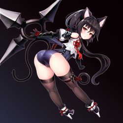 Rule 34 | 1girl, animal ears, ass, bad id, bad twitter id, black hair, black thighhighs, boots, cameltoe, cat ears, elin, from behind, gloves, grimgrim, high heels, highres, huge weapon, kunai, leaning forward, leotard, leotard under clothes, long hair, looking back, ninja, ponytail, red eyes, shirt, shuriken, solo, tail, tera online, thighhighs, very long hair, weapon