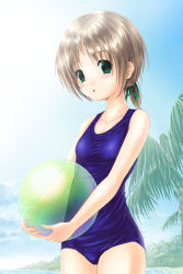 Rule 34 | 1girl, ball, beachball, blue sky, blue one-piece swimsuit, blush, breasts, collarbone, day, green eyes, liselsia cesarini, one-piece swimsuit, ribbon, school swimsuit, short hair, short ponytail, sky, small breasts, solo, standing, sunlight, swimsuit, symphonic rain, tree, yos