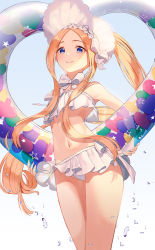 Rule 34 | 1girl, abigail williams (fate), abigail williams (swimsuit foreigner) (fate), abigail williams (swimsuit foreigner) (third ascension) (fate), bad id, bad pixiv id, bare shoulders, bikini, blonde hair, blue eyes, bonnet, bow, breasts, daimi 94, fate/grand order, fate (series), forehead, gradient background, hair bow, highres, innertube, long hair, looking at viewer, miniskirt, navel, parted bangs, sidelocks, skirt, small breasts, smile, swim ring, swimsuit, thighs, twintails, very long hair, water drop, white bikini, white bow, white headwear