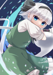 Rule 34 | 1girl, arm up, black hairband, black ribbon, blue background, blue eyes, buttons, covering own mouth, floral print, flower, ghost, green skirt, green vest, grey hair, hairband, hand up, highres, konpaku youmu, konpaku youmu (ghost), looking at viewer, pink flower, puffy short sleeves, puffy sleeves, ribbon, rital, shirt, short hair, short sleeves, signature, skirt, solo, touhou, vest, white shirt