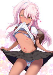 Rule 34 | 1girl, blouse, blue panties, blush, breasts, chloe von einzbern, clothes in mouth, clothes lift, collared shirt, dark-skinned female, dark skin, fate/kaleid liner prisma illya, fate (series), highres, homurahara academy school uniform, lifted by self, long hair, looking at viewer, mouth hold, nipples, orange eyes, panties, pink hair, rihyaruto bafuman, school uniform, shirt, shirt in mouth, shirt lift, short sleeves, simple background, small breasts, solo, stomach tattoo, swept bangs, tattoo, thighs, underwear, white background, white shirt