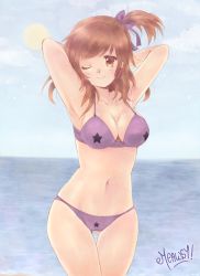 Rule 34 | 1girl, armpits, arms behind head, beach, bikini, breasts, brown eyes, brown hair, character request, cleavage, highres, large breasts, legs, looking at viewer, meawsy, navel, ocean, purple bikini, side ponytail, smile, solo, swimsuit, thighs, traditional media, water