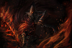 Rule 34 | 1other, abyss watcher, ambiguous gender, armor, belt, brown belt, brown cloak, cloak, commentary, dark souls (series), dark souls iii, dual wielding, embers, fire, flaming sword, flaming weapon, full armor, gauntlets, helmet, highres, holding, holding knife, holding sword, holding weapon, knife, shoulder armor, solo, sword, torn cloak, torn clothes, tunamayo (dsasd751), weapon