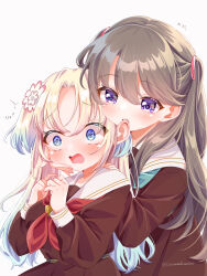 2girls @_@ ^^^ aqua_neckerchief behind_another blonde_hair blue_eyes blue_hair blush brown_dress brown_hair commentary_request dress flower fujishima_megumi fukune_koko gradient_hair hair_flower hair_ornament hand_on_another&#039;s_cheek hand_on_another&#039;s_face hand_on_another&#039;s_shoulder hasu_no_sora_school_uniform highres imminent_bite light_blue_hair link!_like!_love_live! long_hair long_sleeves love_live! mira-cra_park! multicolored_hair multiple_girls neckerchief osawa_rurino parted_bangs pink_flower pleated_dress purple_eyes red_neckerchief sailor_collar sailor_dress sanpaku school_uniform simple_background translated twintails twitter_username two_side_up upper_body virtual_youtuber white_background white_flower white_sailor_collar winter_uniform yuri