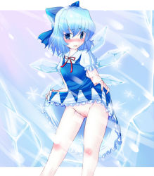 Rule 34 | 1girl, blue eyes, blue hair, blush, body blush, bow, cirno, embarrassed, hair bow, ice, matching hair/eyes, pussy, sesield, short hair, solo, embodiment of scarlet devil, touhou, uncensored, wavy mouth, wings