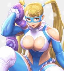 Rule 34 | 1girl, abs, bare shoulders, blonde hair, breasts, brown eyes, cleavage, cleavage cutout, clothing cutout, covered collarbone, grey background, heart cutout, heavy breathing, knee pads, large breasts, leotard, long hair, mask, noppo (tarstation), rainbow mika, revealing clothes, shoulder cutout, simple background, sitting, solo, street fighter, street fighter v, sweat, toned, towel, twintails, wrestling outfit
