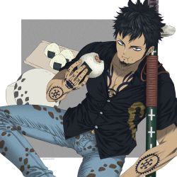 Rule 34 | 1boy, bite mark, black hair, black shirt, chest tattoo, denim, dutch angle, earrings, eating, facial hair, feet out of frame, food, goatee, hat, unworn hat, unworn headwear, highres, jeans, jewelry, katana, long sideburns, pectoral cleavage, male focus, one piece, onigiri, over shoulder, pants, pectorals, pinattsu, shirt, short hair, sideburns, sitting, solo, sword, sword over shoulder, tattoo, toned, toned male, trafalgar law, weapon, weapon over shoulder