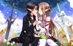 Rule 34 | 10s, 1boy, 1girl, armor, asuna (sao), bad id, bad pixiv id, bare shoulders, birdcage, black eyes, black hair, blush, breastplate, brown hair, bug, butterfly, cage, closed eyes, cloud, couple, day, detached sleeves, fairy wings, flower, hetero, highres, holding hands, imminent kiss, insect, interlocked fingers, kirito, long hair, petals, pointy ears, rapier, short hair, sitting, sky, sleeping, sword, sword art online, swordsouls, thighhighs, tree, weapon, white armor, wings, yui (sao), yui (sao-alo)