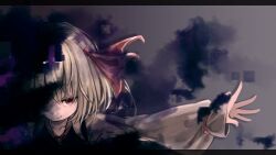 Rule 34 | 1girl, absurdres, black vest, blonde hair, closed mouth, collared shirt, darkness, hair ribbon, highres, letterboxed, lit ter, long sleeves, looking at viewer, outstretched arms, portrait, red eyes, red ribbon, ribbon, rumia, shirt, short hair, smile, solo, spread arms, touhou, vest, white shirt