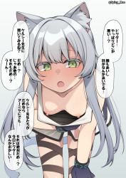 Rule 34 | 1girl, animal ear fluff, animal ears, arknights, bent over, blush, breasts, cat ears, cat girl, cat tail, downblouse, dress, fingerless gloves, gloves, green eyes, grey hair, highres, long hair, looking at viewer, nipples, no bra, open mouth, rosmontis (arknights), short dress, sleeveless, sleeveless dress, small breasts, solo, spicy moo, tail, translation request, white dress