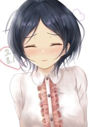 Rule 34 | 1girl, black hair, blush, close-up, closed eyes, dated, facing viewer, hayami kanade, heart, highres, idolmaster, idolmaster shiny colors, incoming kiss, parted bangs, short hair, simple background, solo, temichama, white background
