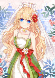 Rule 34 | 1girl, bare arms, bare shoulders, blonde hair, blue eyes, blush, breasts, closed mouth, collarbone, commentary request, dress, flower, green dress, hair flower, hair ornament, highres, long hair, looking at viewer, mutang, original, pink flower, pink rose, red flower, rose, small breasts, smile, solo, veil, very long hair, white dress