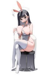 Rule 34 | 1girl, absurdly long hair, absurdres, alternate costume, animal ears, between breasts, black eyes, black hair, blue archive, blunt bangs, breasts, commentary, covered navel, crossed legs, fake animal ears, halo, highres, huge breasts, leotard, long hair, mask, mask pull, mouth mask, necktie, necktie between breasts, nicorima, open mouth, playboy bunny, rabbit ears, sideboob, sitting, solo, strapless, strapless leotard, sukeban (smg) (blue archive), very long hair, white leotard, wrist cuffs
