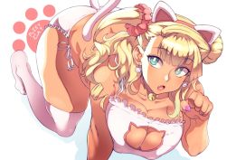 Rule 34 | 10s, 1girl, :o, animal ears, aqua eyes, bad id, bad twitter id, blonde hair, breasts, bright pupils, cat cutout, cat earrings, cat ears, cat lingerie, cat tail, cleavage, cleavage cutout, clothing cutout, covered erect nipples, earrings, artistic error, fang, galko, hair ornament, hair scrunchie, jewelry, large breasts, long hair, meme attire, nail polish, no shoes, nuezou, open mouth, oshiete! galko-chan, panties, paw pose, scrunchie, side-tie panties, simple background, solo, tail, thighhighs, underwear, white background, white thighhighs