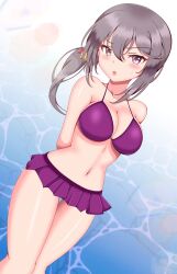 Rule 34 | 1girl, :o, absurdres, akebono (kancolle), annoyed, arms behind back, bare arms, bell, bikini, black hair, blush, breasts, cleavage, collarbone, commentary request, gradient background, hair bell, hair between eyes, hair ornament, highres, itsuya (hmizugucti), kantai collection, looking at viewer, medium breasts, navel, open mouth, pink bikini, purple bikini, purple eyes, side ponytail, sidelocks, solo, standing, swimsuit, v-shaped eyebrows, variant set