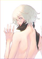 Rule 34 | 1girl, back, back focus, bare back, blue eyes, from behind, highres, kazama raita, looking at viewer, looking back, nier (series), nier:automata, open mouth, short hair, silver hair, simple background, solo, topless male, white background, 2b (nier:automata)