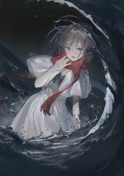 1girl absurdres amari blue_eyes bow brown_hair commentary_request dress frilled_dress frills highres looking_at_viewer night night_sky ocean open_mouth original red_bow red_scarf scarf scarf_bow short_hair short_sleeves sky solo wading waves white_dress