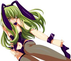 Rule 34 | 00s, 1girl, absurdres, animal ears, ass, blush, breasts, c.c., cleavage, code geass, fake animal ears, fishnet thighhighs, fishnets, green hair, high heels, highres, kimura takahiro, leotard, md5 mismatch, medium breasts, naughty face, playboy bunny, rabbit ears, shoes, smile, solo, sweat, thighhighs, third-party edit, vector trace, wrist cuffs