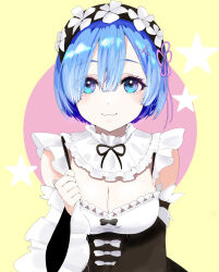 Rule 34 | 1girl, :3, blue eyes, blue hair, blush, breasts, cleavage, clenched hand, collar, detached collar, detached sleeves, frilled collar, frilled sleeves, frills, hair ornament, hairclip, hand up, highres, large breasts, lavie (cestbonlavie), long sleeves, looking at viewer, maid headdress, neck ribbon, re:zero kara hajimeru isekai seikatsu, rem (re:zero), ribbon, short hair, smile, solo, star (symbol), straight-on, yellow background