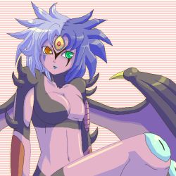 Rule 34 | 1girl, :d, androgynous, asymmetrical clothes, blue hair, blue lips, breasts, cleavage, colored sclera, colored skin, crop top, demon girl, demon wings, duel monster, female focus, green eyes, heterochromia, large breasts, lipstick, looking at viewer, makeup, midriff, multicolored hair, navel, oekaki, one boob, open mouth, orange eyes, pectorals, pink skin, red eyes, short hair, silver hair, sitting, smile, solo, spiked hair, spikes, striped, striped background, third eye, turtleneck, two-tone hair, wings, yellow sclera, yu-gi-oh!, yu-gi-oh! gx, yubel