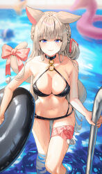 Rule 34 | 1girl, absurdres, animal ears, bikini, black bikini, blue eyes, blurry, blurry background, bow, braid, breasts, brown hair, cat ears, cat girl, cat tail, closed mouth, highres, jisu lee, large breasts, leg ribbon, long hair, looking at viewer, navel, o-ring, o-ring bikini, o-ring top, original, partially submerged, pool, red bow, red ribbon, ribbon, smile, summer, swimsuit, tail, tail bow, tail ornament, thigh ribbon, water, wet