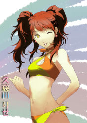 1girl atlus bikini brown_hair earrings female_focus highres jewelry kujikawa_rise lips lipstick makeup navel persona persona_4 raven252 smile solo swimsuit teeth twintails wink