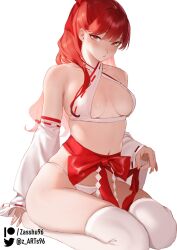 Rule 34 | 1girl, alternate costume, bow, breasts, commission, detached sleeves, highres, long hair, looking at viewer, navel, panties, persona, persona 5, persona 5 the royal, ponytail, red bow, red eyes, red hair, seiza, simple background, sitting, small breasts, solo, spoilers, thighhighs, underwear, waist bow, white background, white panties, white thighhighs, yoshizawa sumire, zasshu