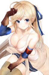 Rule 34 | 1girl, absurdres, ahoge, arm up, bare shoulders, blonde hair, blue bow, blue eyes, blue skirt, blue sleeves, blush, bow, breasts, brown gloves, brown thighhighs, camisole, cleavage, closed mouth, clothes around waist, collarbone, commentary request, cucouroux (granblue fantasy), detached sleeves, efuri (riarea00), from above, gloves, granblue fantasy, hair between eyes, hair bow, head tilt, highres, large breasts, leaning forward, long hair, long sleeves, looking at viewer, looking up, pleated skirt, sitting, skirt, smile, solo, striped, striped bow, thighhighs, very long hair, white camisole