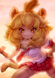 Rule 34 | 10s, animal ears, blonde hair, breasts, fang, kemono friends, lion (kemono friends), lion ears, medium breasts, miniskirt, skirt, solo, weapon, weapon request, xion, yellow eyes