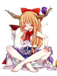 Rule 34 | 1girl, ^ ^, barefoot, belt, blonde hair, bloomers, blush, bow, chabi (amedama), chain, closed eyes, cup, drunk, fang, female focus, full body, gourd, hair bow, hand on own knee, horn ornament, horn ribbon, horns, ibuki suika, indian style, long hair, open mouth, ribbon, sakazuki, shirt, simple background, sitting, sleeveless, sleeveless shirt, smile, solo, touhou, underwear, white background