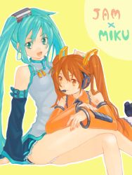 Rule 34 | 2girls, aqua eyes, aqua hair, arc system works, bad id, bad pixiv id, bare shoulders, beer can, brown eyes, brown hair, can, china dress, chinese clothes, cosplay, costume switch, crossed legs, crossover, detached sleeves, dress, drink can, guilty gear, hair ornament, hatsune miku, hatsune miku (cosplay), headphones, kuradoberi jam, kuradoberi jam (cosplay), long hair, multiple girls, nail polish, panties, sitting, striped clothes, striped panties, tegaki (panyorikome), twintails, underwear, very long hair, vocaloid