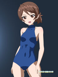Rule 34 | 1girl, blue one-piece swimsuit, blush, breasts, brown eyes, brown hair, covered navel, girls und panzer, highres, kawanishi shinobu, looking at viewer, naotosi, one-piece swimsuit, open mouth, ponytail, short hair, small breasts, solo, swimsuit