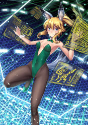 Rule 34 | 1girl, adsouto, animal ear fluff, animal ears, armpits, artist name, black pantyhose, blonde hair, blush, bow, bowtie, breasts, cameron maccloud, cleavage, closed mouth, collarbone, covered navel, cyberpunk, detached sleeves, eyelashes, fake animal ears, female focus, gen lock, green bow, green bowtie, green eyes, green footwear, green leotard, hair between eyes, hands up, happy, high heels, highres, holographic touchscreen, legs, leotard, long hair, looking at viewer, neck, pantyhose, playboy bunny, ponytail, rabbit ears, rooster teeth, roosterteeth, shiny clothes, shiny skin, sidelocks, skin tight, small breasts, smile, standing, standing on one leg, thighs