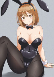 Rule 34 | 1girl, alternate costume, animal ears, arm support, atelier (series), atelier ryza, bare shoulders, black bow, black bowtie, black leotard, black pantyhose, bow, bowtie, breasts, brown eyes, closed mouth, commentary request, covered navel, detached collar, fake animal ears, hair ornament, hairclip, highleg, highleg leotard, highres, knee up, large breasts, leotard, light blush, looking at viewer, mibushiro, mixed-language commentary, pantyhose, playboy bunny, rabbit ears, reisalin stout, simple background, sitting, smile, solo, strapless, strapless leotard, traditional bowtie, white wrist cuffs, wrist cuffs